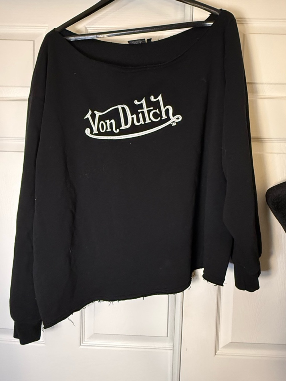 Von Dutch Black Off-the-Shoulder Sweater with White Logo
